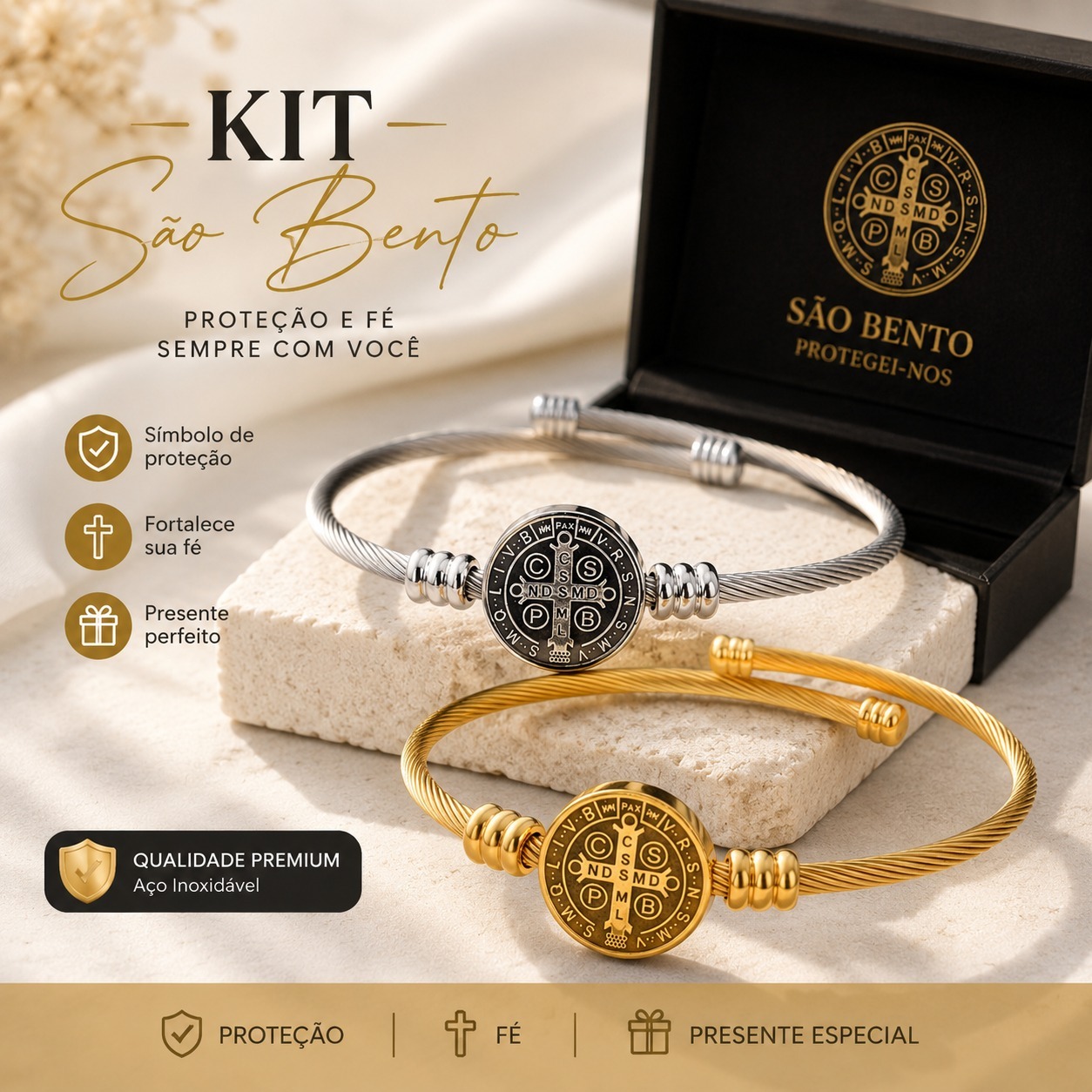 Kit São Bento com braceletes dourado e prata em aço inoxidável